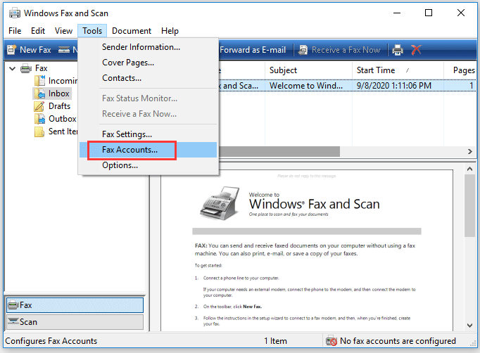 choose the Fax Accounts option under the Tools tab