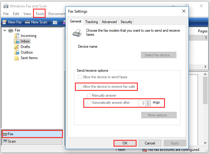 set Windows Fax and Scan to receive a fax automatically