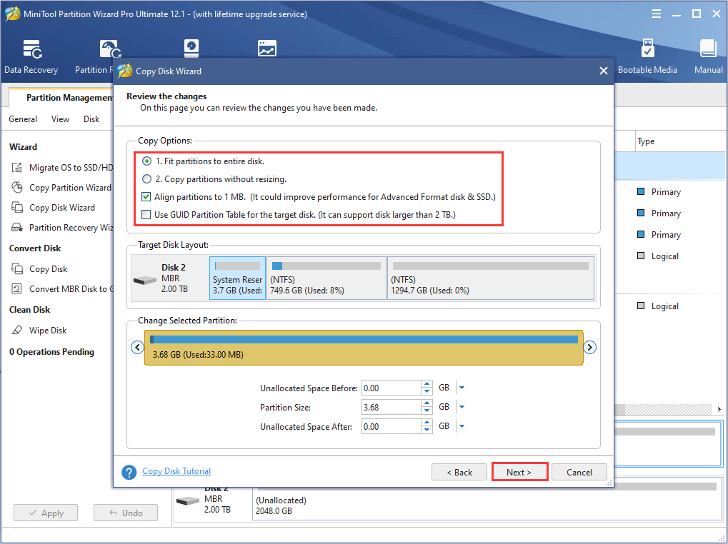 choose copy options and configure the new disk