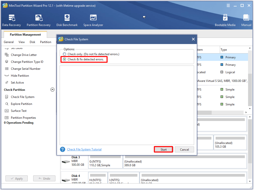 click the check and fix detected errors option