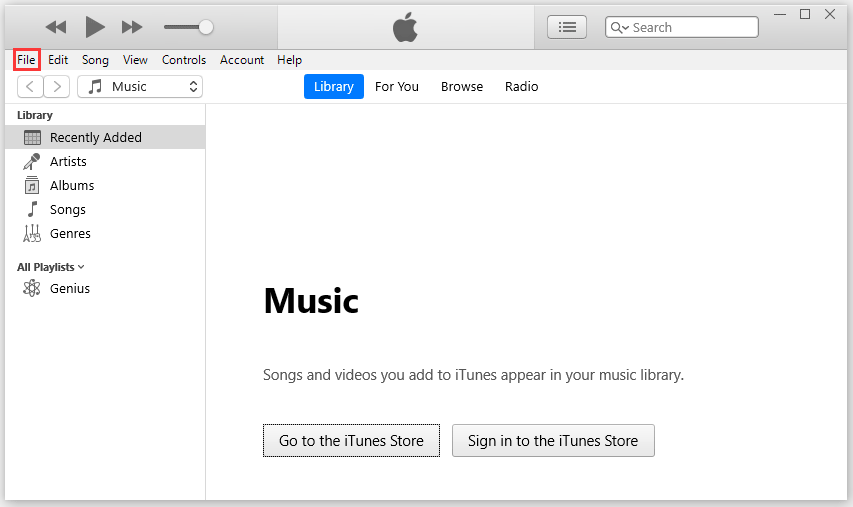 click the File option on the main interface of iTunes
