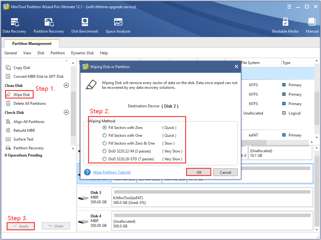 the process of wiping hard drive via MiniTool Partition Wizard