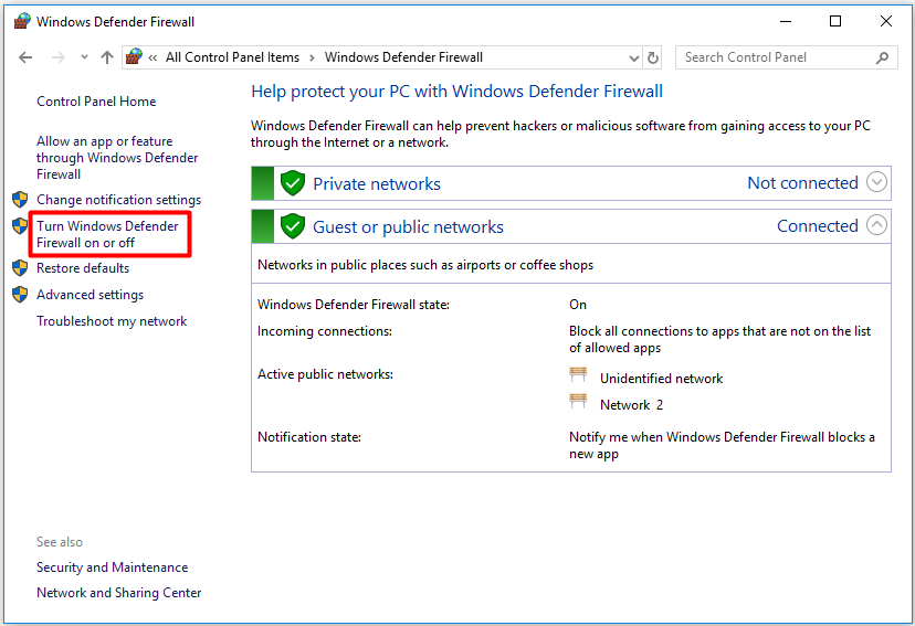 click on the Turn Windows Defender Firewall on or off option