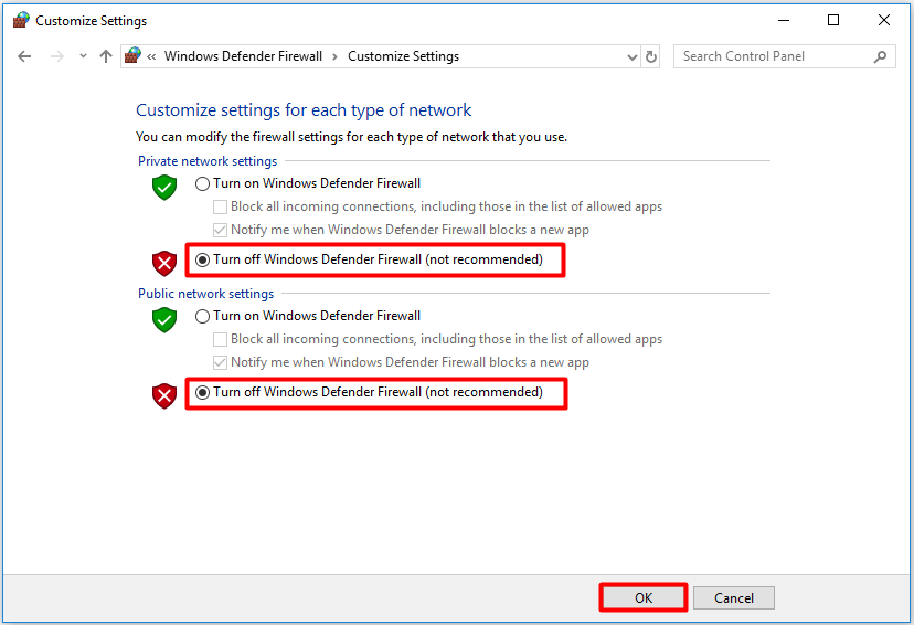Turn off Windows Defender Firewall not recommended