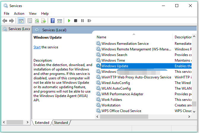 locate Windows Update on the Services window