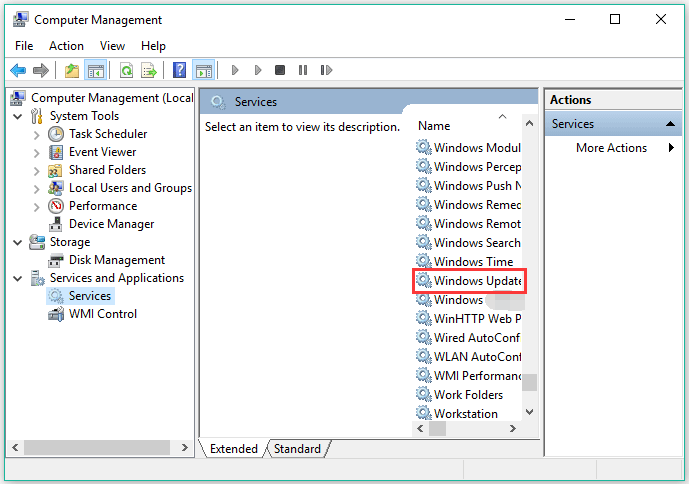 locate Windows Update in Computer Management