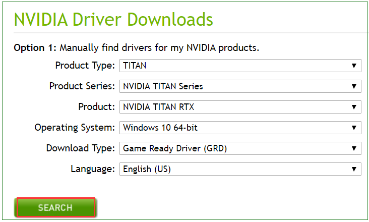 search a right NVidia driver on the page