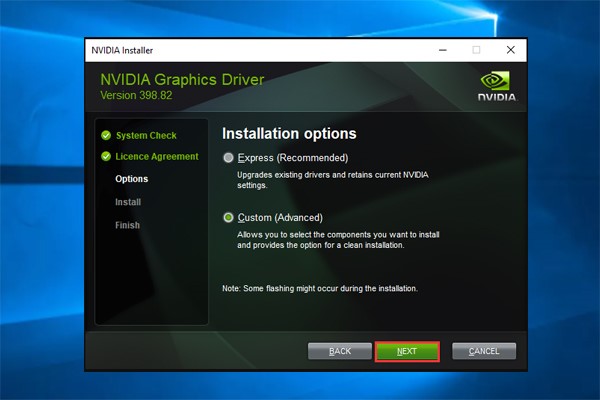 select Custom option NVidia driver