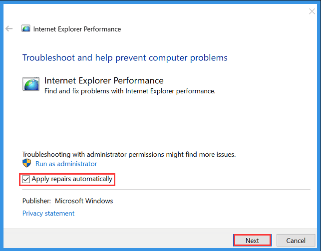 Apply repairs automatically Windows Internet troubleshooter