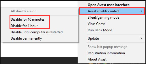 disable Avast for 10 minutes