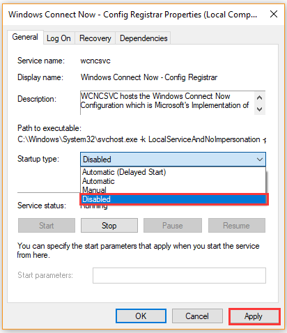 disable Windows Connect Now service