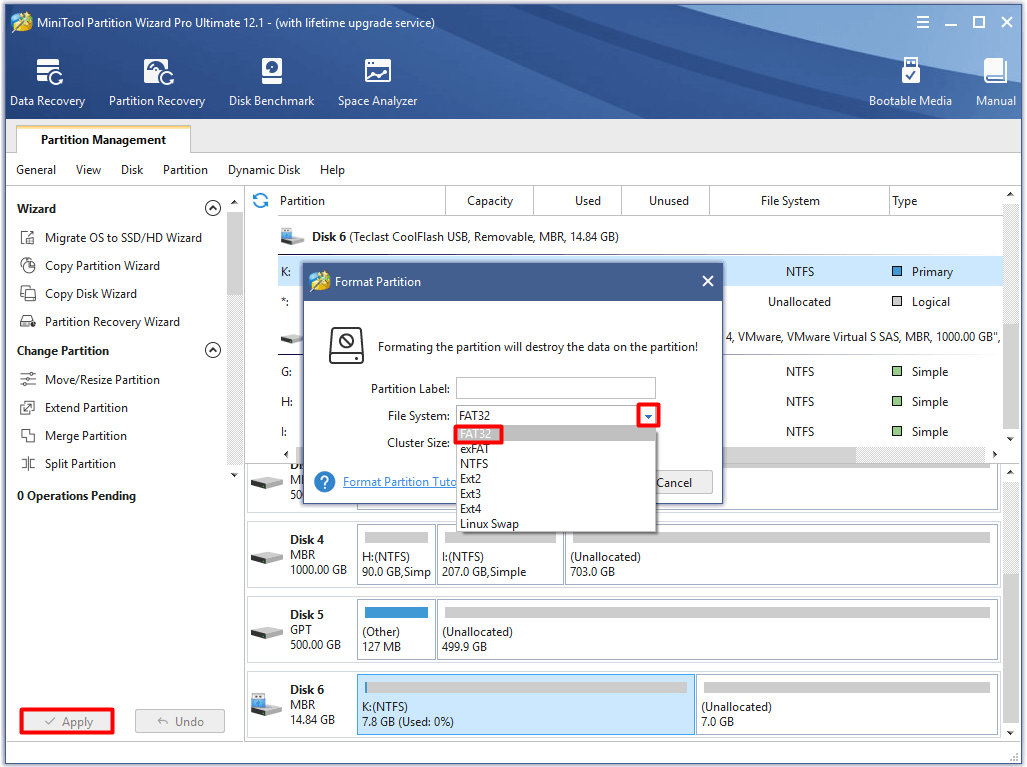 choose file system and then execute operation