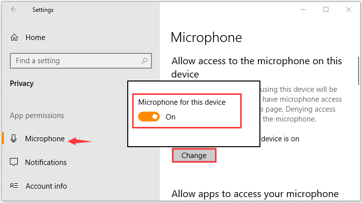the Microphone for this device option is enabled