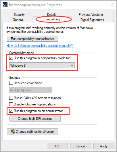 change compatibility settings of Facebook Gameroom