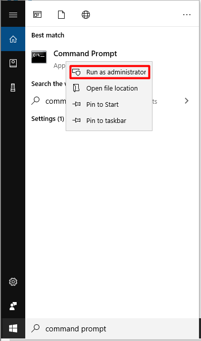 Run Command Prompt as administrator from search box