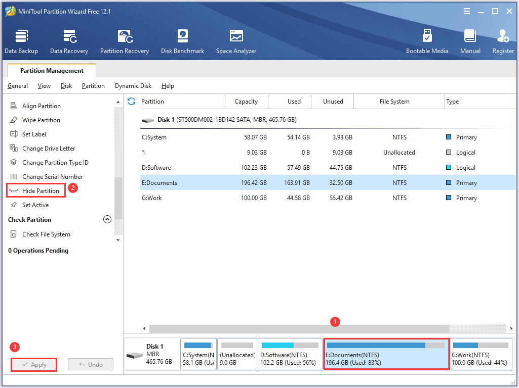 hide a partition via MiniTool Partition Wizard