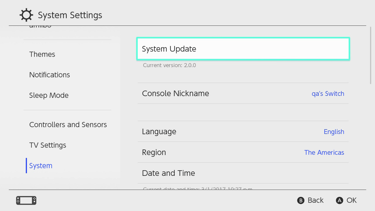 update Nintendo Switch system