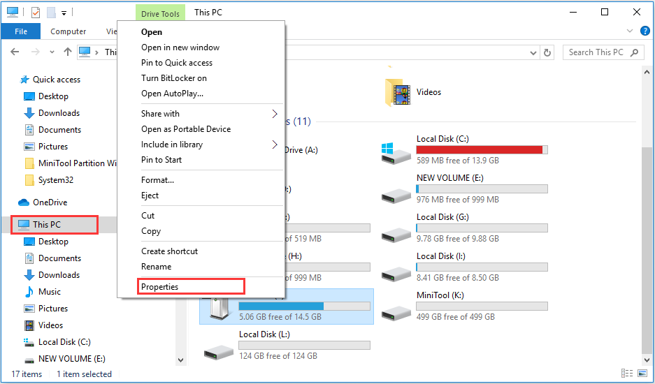 open the properties of the USB flash drive