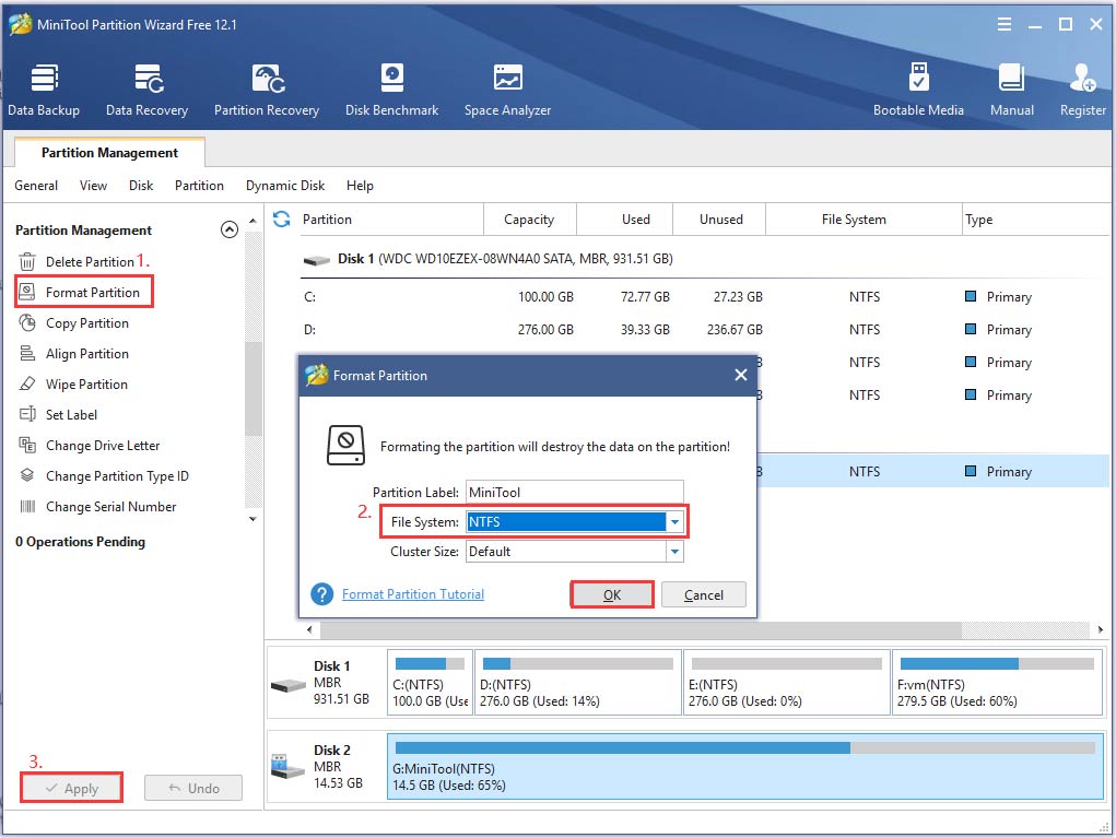 the process of formatting USB drive by MiniTool software