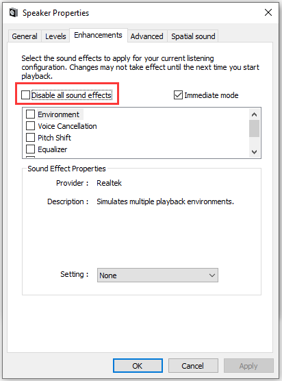 unselect Disable all sound effects