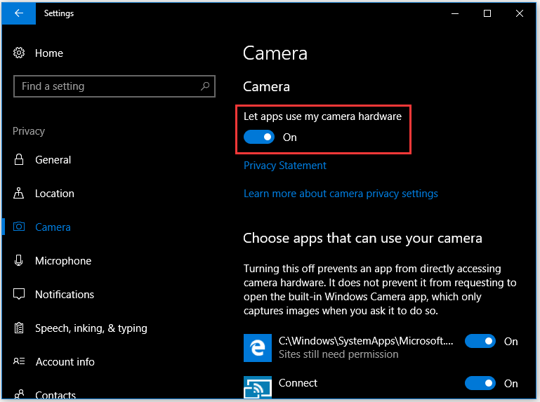 enable let apps use my camera hardware