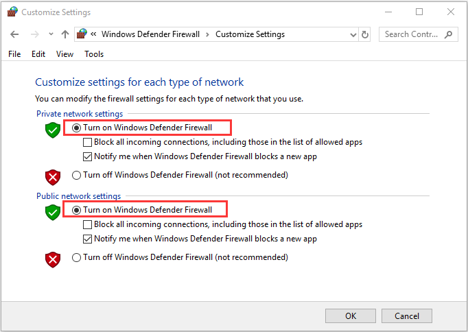 turn on Windows Defender Firewall