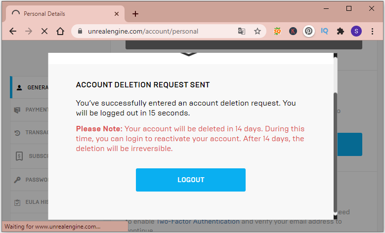 account deletion request sent