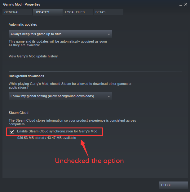 disable Steam Cloud for GMod