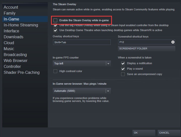 deselect Enable the Steam Overlay while in-game
