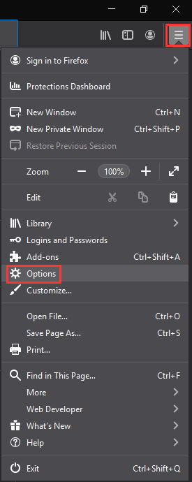 choose Options from the Firefox menu