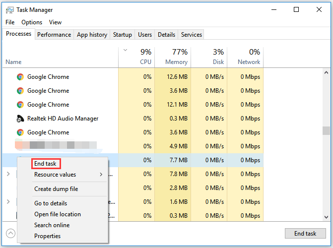 end a process via task Manager
