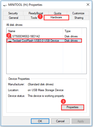 access the USB drive properties