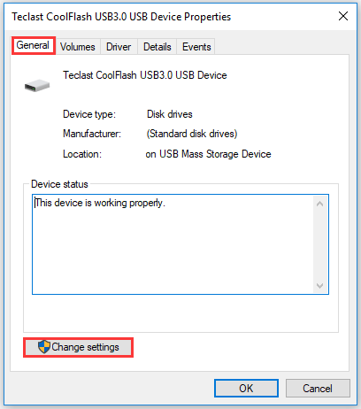 click Change settings under the General tab
