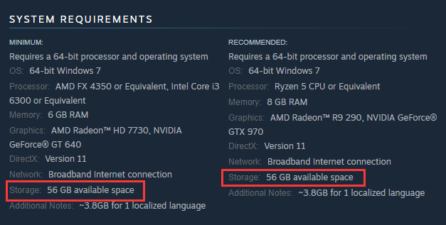 the needed hard drive space on the Steam page