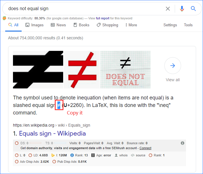 copy the does not equal sign from Google
