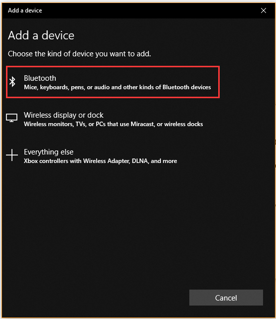 select Bluetooth in the Add a device window