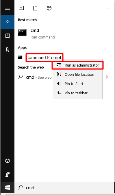 run Command Prompt as administrator in the search box