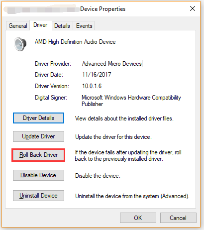 roll back the audio device driver