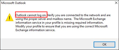 Outlook cannot log on