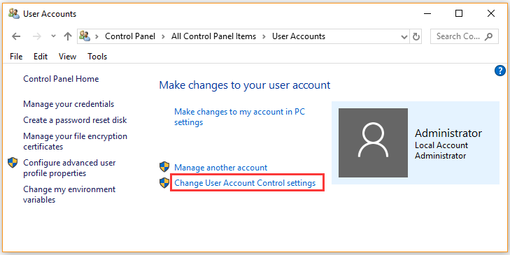 click on Change User Account Control settings