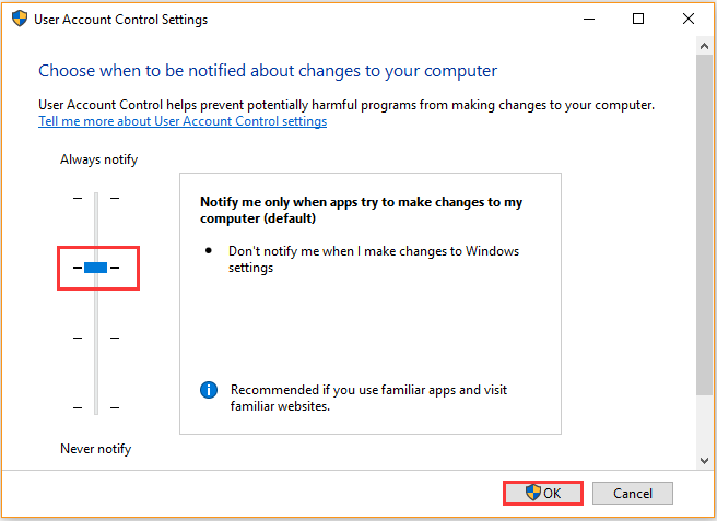notify me only when app try to make changes to my computer