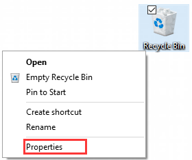 select the Properties of Recycle Bin
