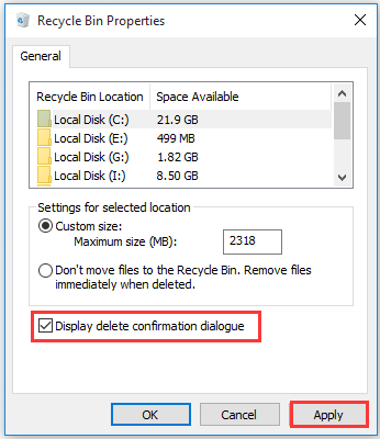 select the Display delete confirmation dialogue box