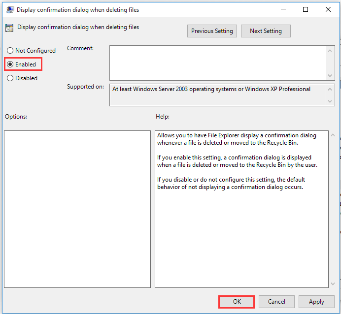 enable confirm deletion using Group Policy Editor