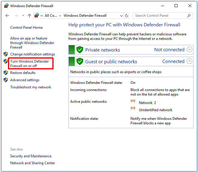 click on Turn Windows Defender Firewall on or off