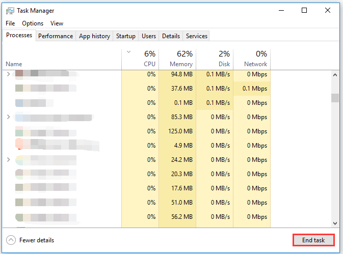end the selected task via Task Manager