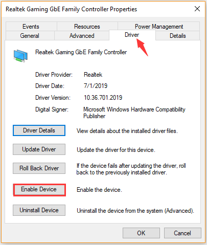 click on Enable Device in the driver properties