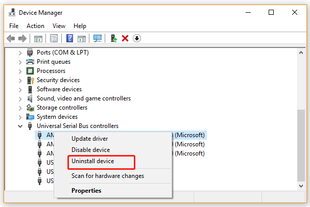 uninstall USB controller from Device Manager