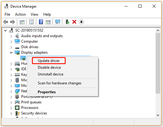 update graphics card driver via Device Manager