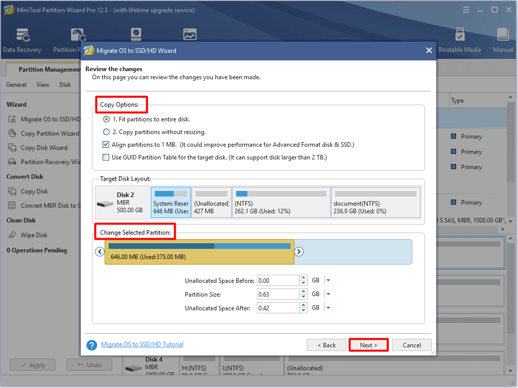 choose copy options and change selected partitions